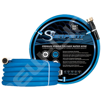 Blue Serpent water hose with packaging on a white background