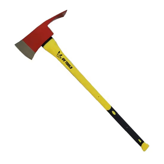 Fire axe with red head and yellow handle on a white background