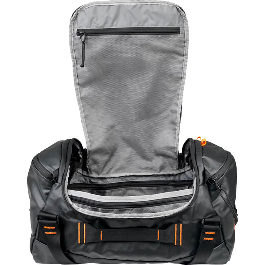 Mystery Ranch Gray backpack with orange accents on a white background