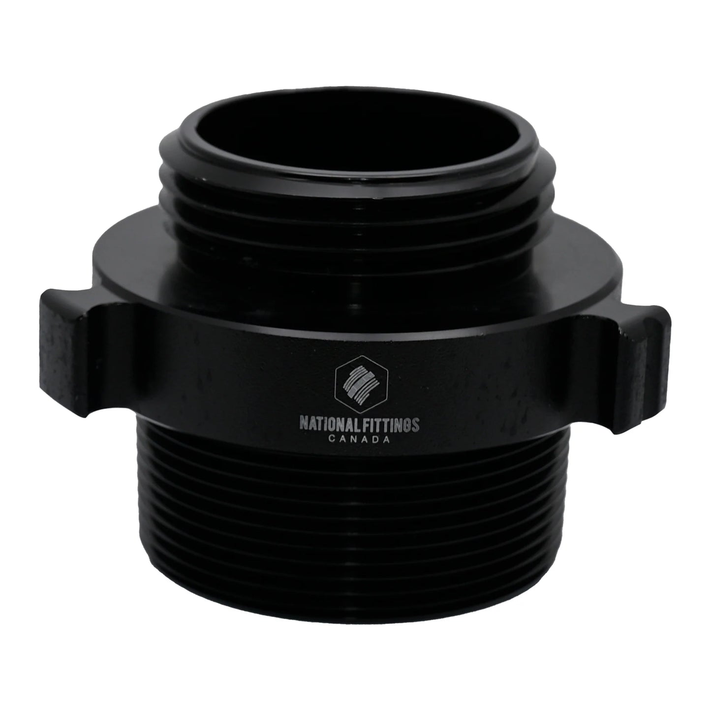 Black pipe fitting with National Fittings Canada logo on a white background