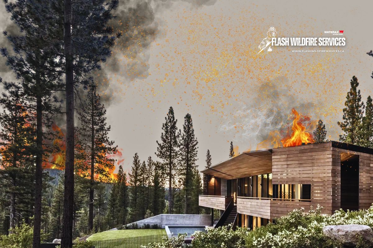 Rooftop sprinklers protecting a house from ember attacks during wildfire season.