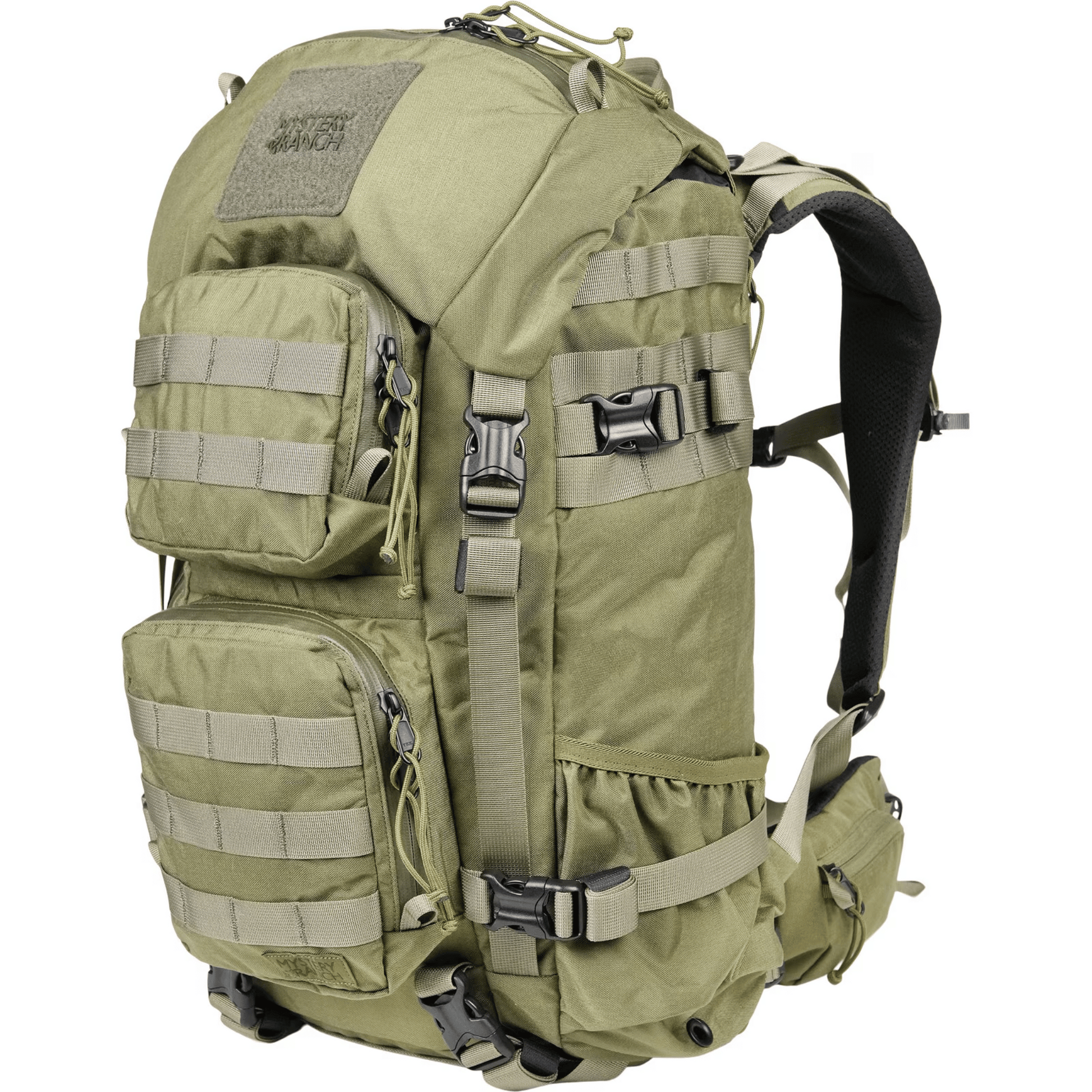 Green Mystery Ranch tactical backpack with multiple pockets and straps on a white background