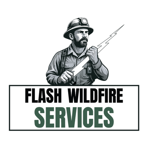 Logo for Flash Wildfire Services featuring a firefighter holding a hose.