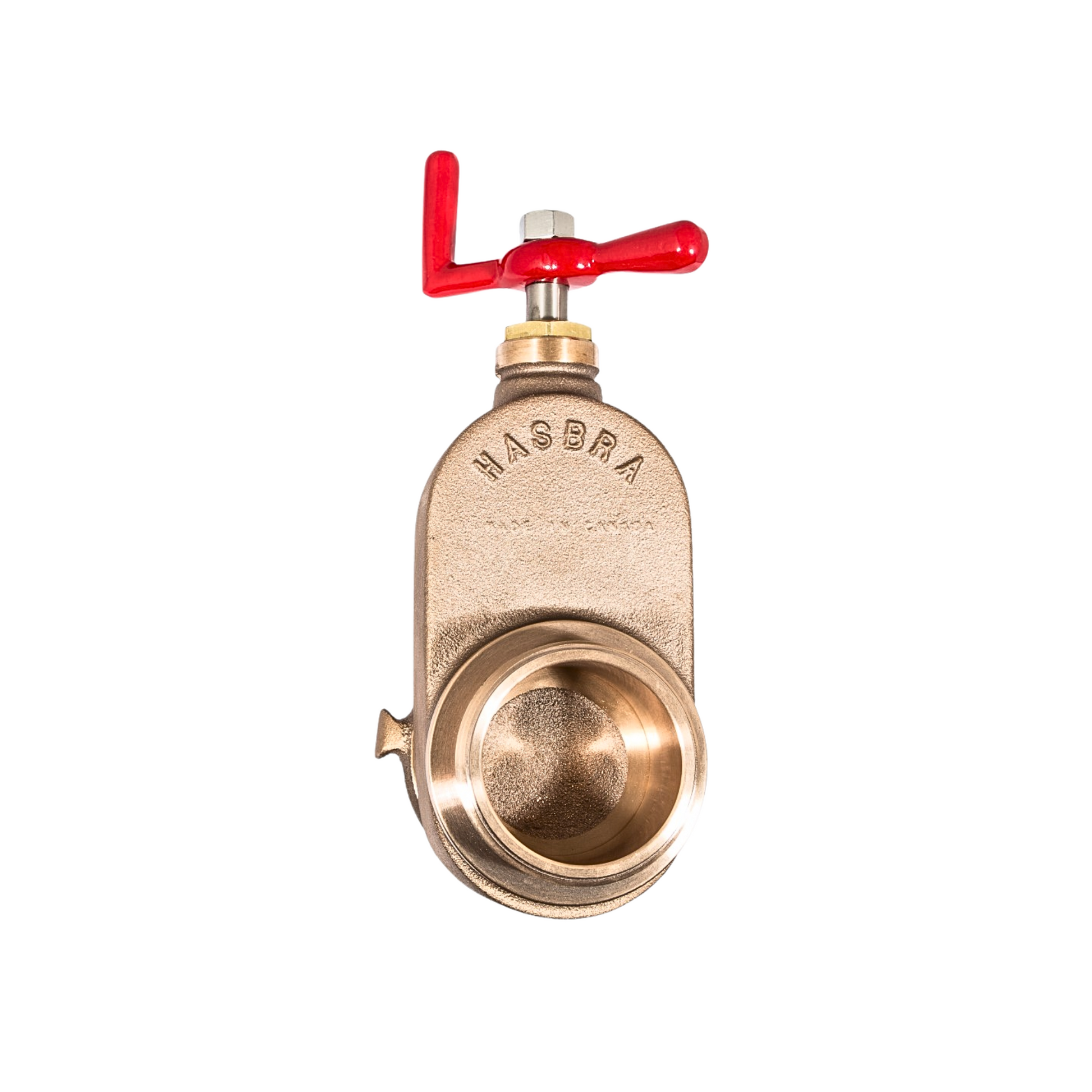 Brass HASBRA valve with red handle on a white background