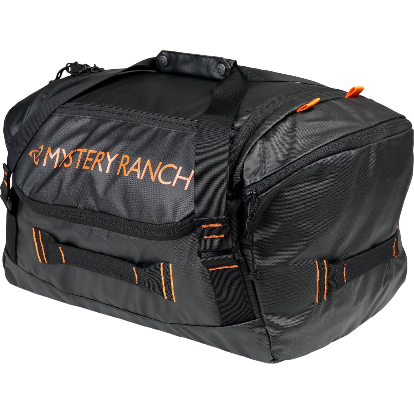 Black duffel bag with orange accents and 'Mystery Ranch' branding on a white background