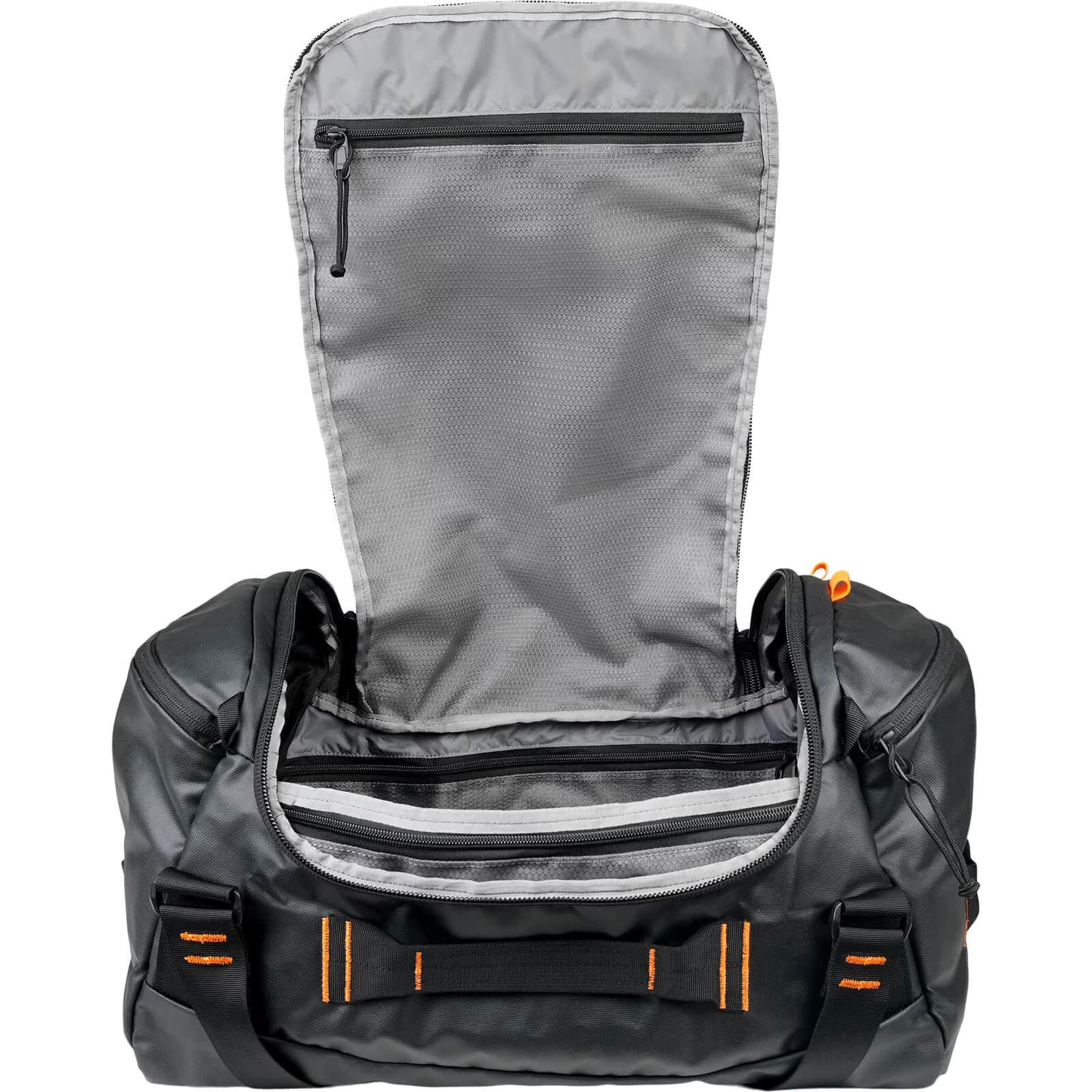 Mystery Ranch Gray backpack with orange accents on a white background