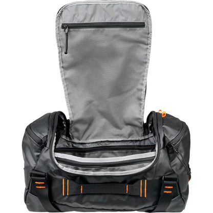 Mystery Ranch Gray backpack with orange accents on a white background