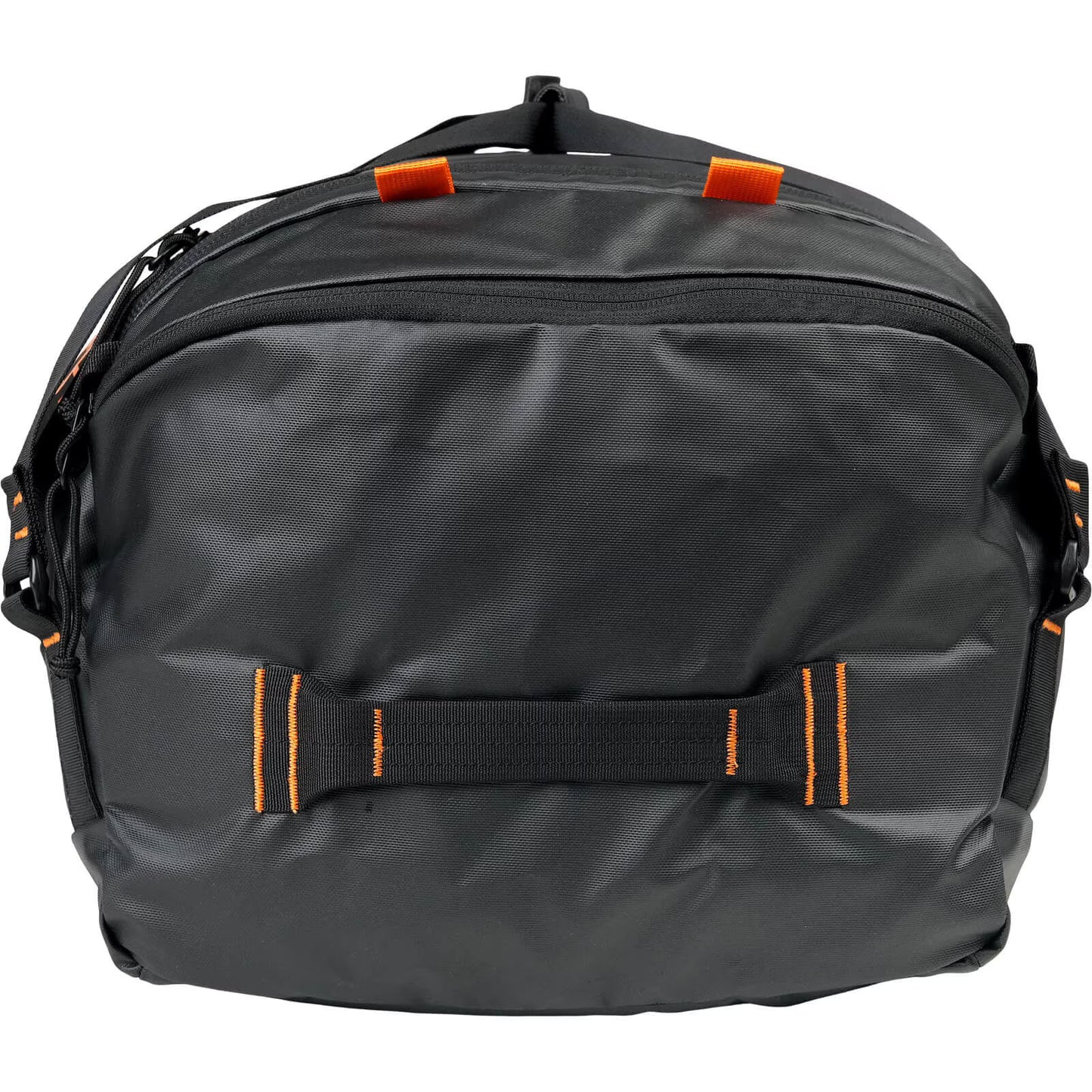 Mystery Ranch Black backpack with orange accents on a white background