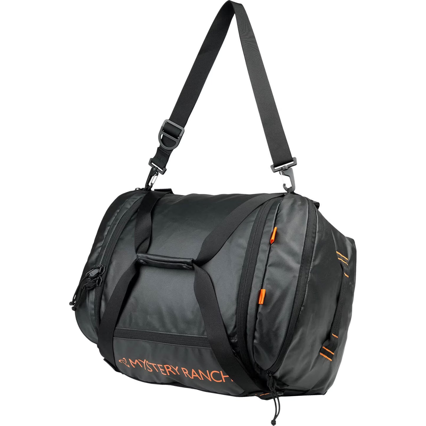 Mystery Ranch duffel bag with black straps and orange accents on a white background