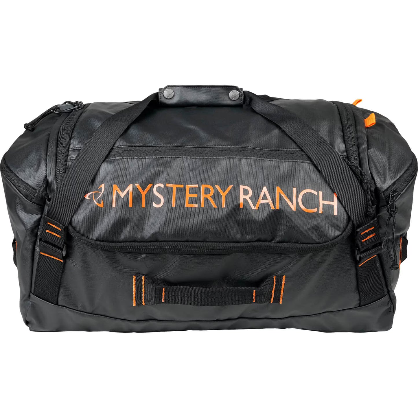 Black duffel bag with orange text 'Mystery Ranch' on a white background