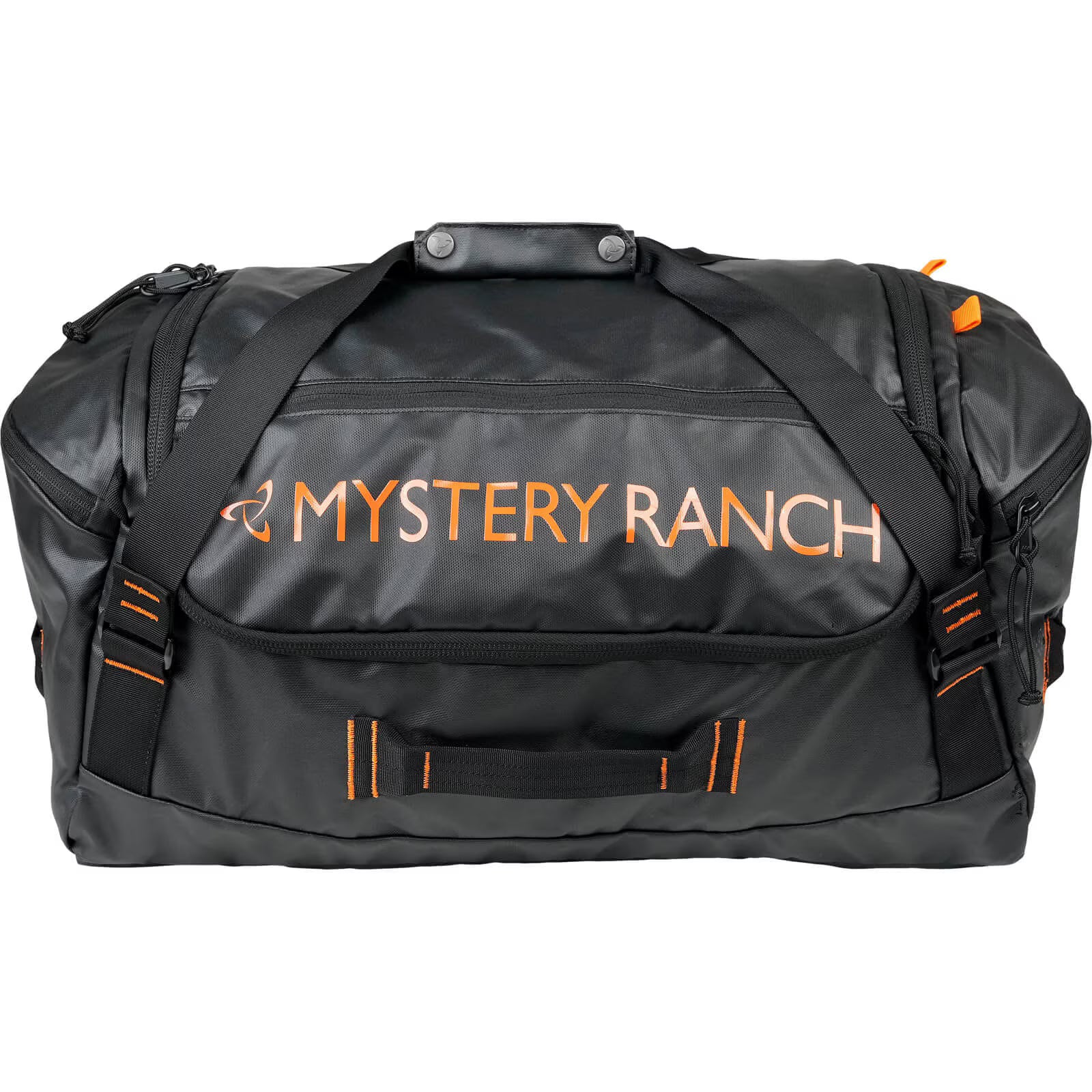 Black duffel bag with orange text 'Mystery Ranch' on a white background