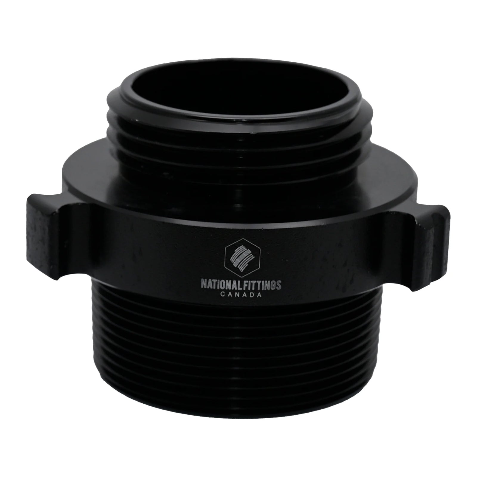 Black pipe fitting with National Fittings Canada logo on a white background