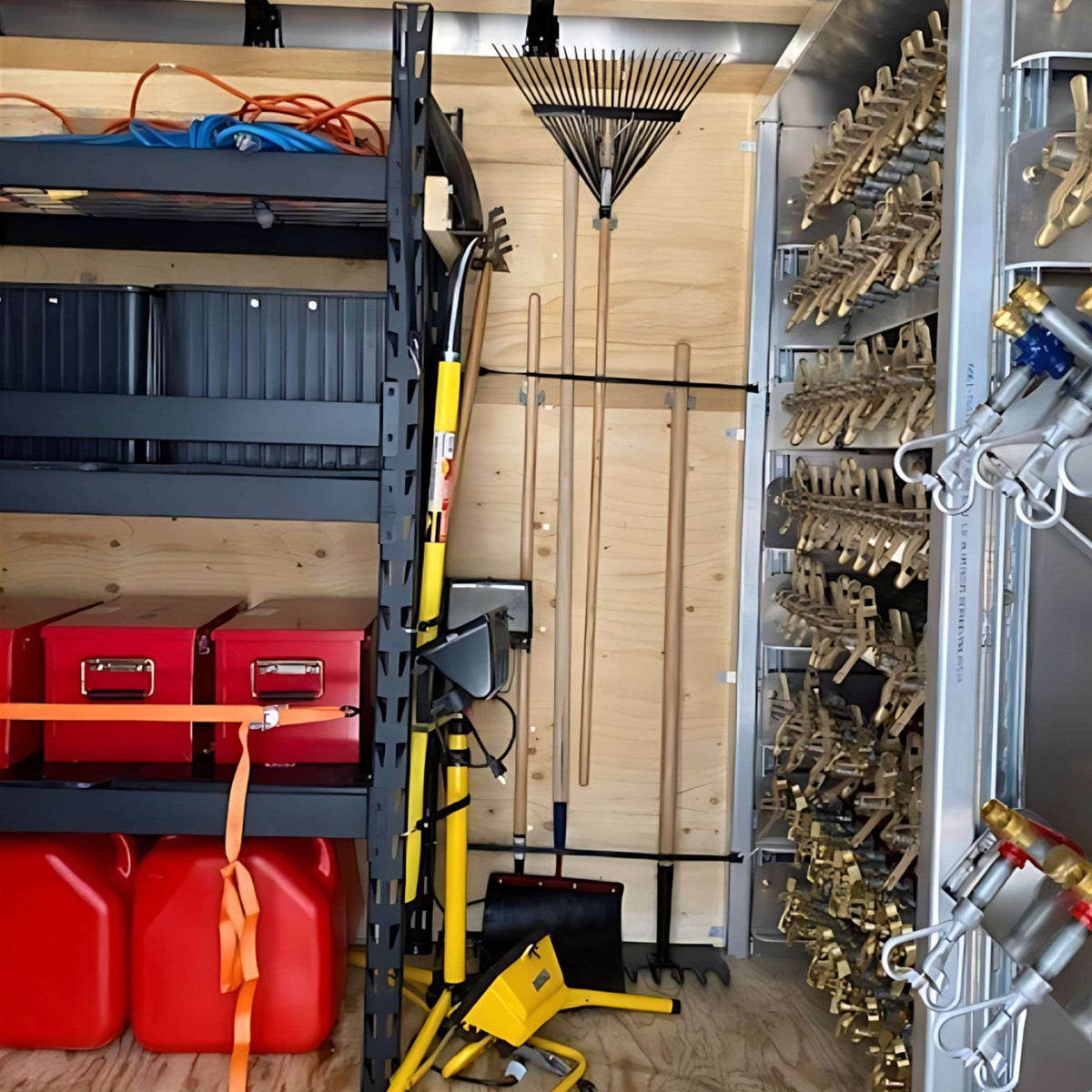 Storage room with shelves containing red jerry cans, a yellow ladder, and various tools.
