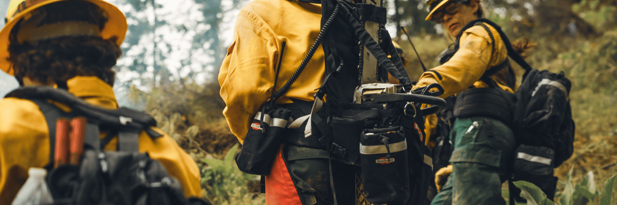 Firefighters in protective gear with equipment on a forested background