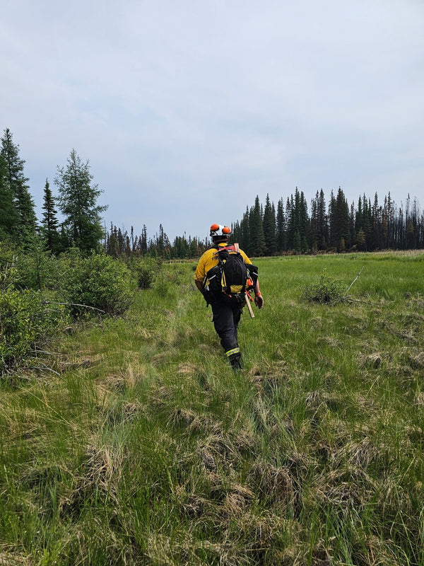 Australian wildland firefighter carrying Mystery Ranch pack walking through grassy forest area.