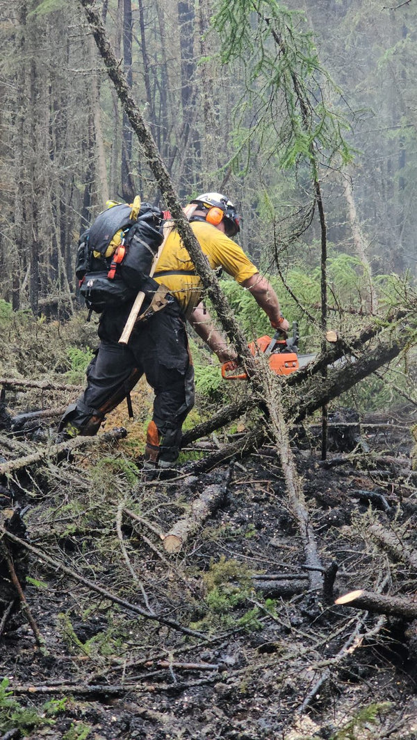 Australian wildland firefighter using chainsaw in a burned forest area with Mystery Ranch pack.