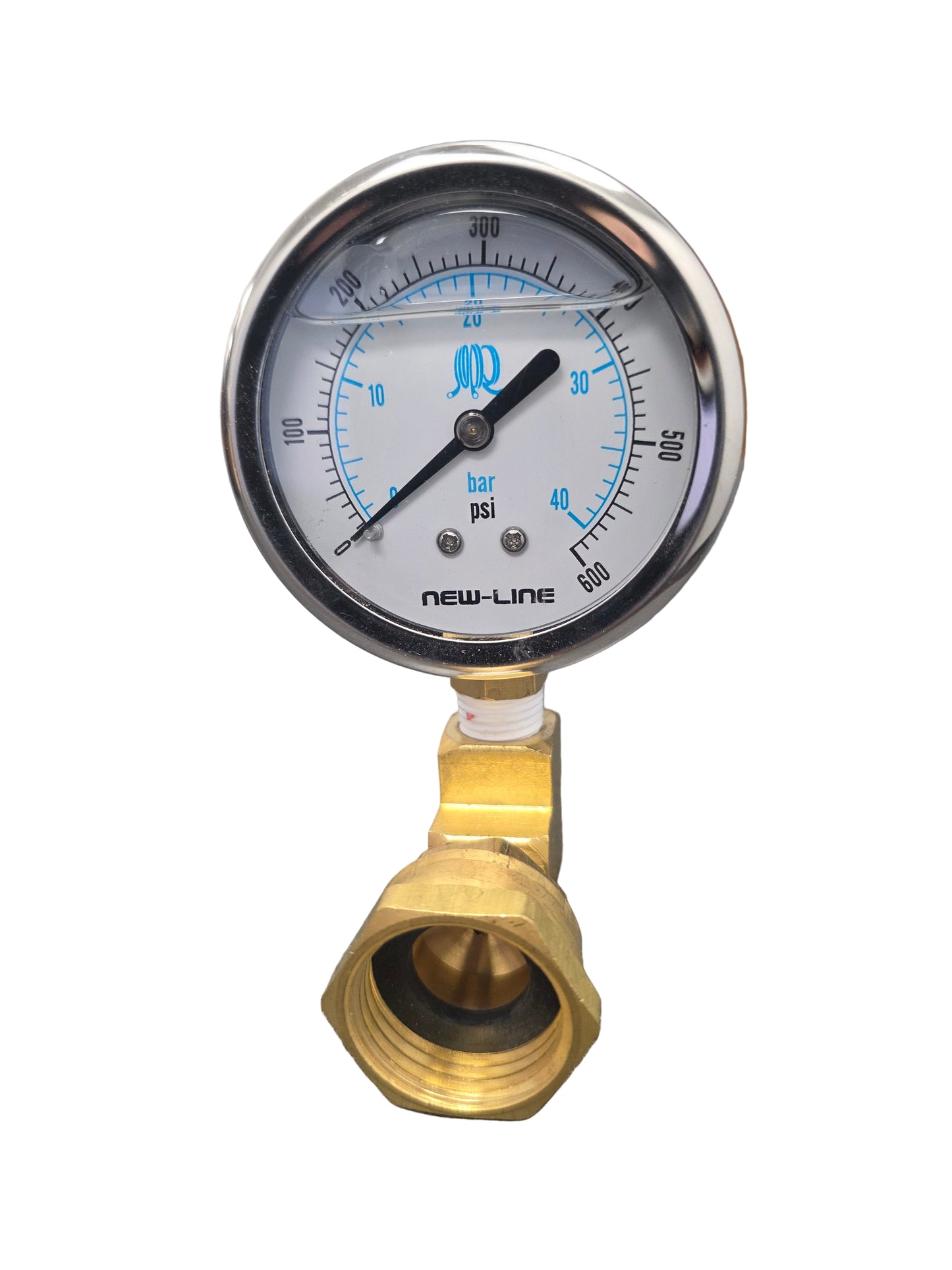 Pressure gauge with brass ght fitting on a gray background