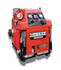 Front view of the Shibaura P572 portable fire pump showing control panel and high-pressure pump layout.